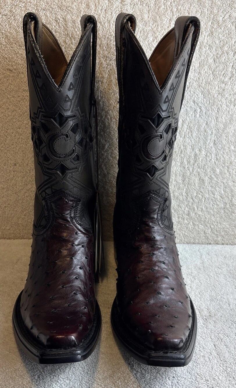 Cuadra Men Black Cherry Ostrich Leather Narrow Square Toe Boots Size 7 EE 64086